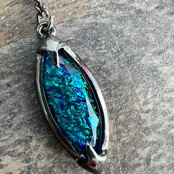 Long Dichroic Peacock Blue Shimmery Pendant Necklace on Silver Adjustable Chain - Picture 4 of 9